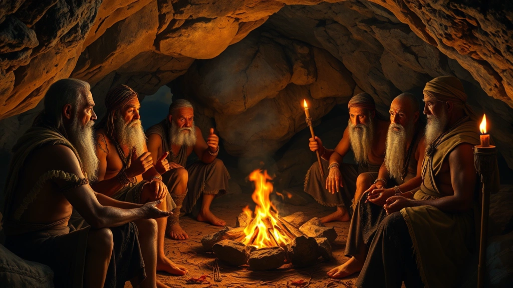 Photorealistic image of prehistoric tribal elders gathered around a fire in a cave dwelling, discussing and making decisions about community rules and disputes, with natural rock formations and torch lighting, showing serious expressions and hand gestures of authority and deliberation