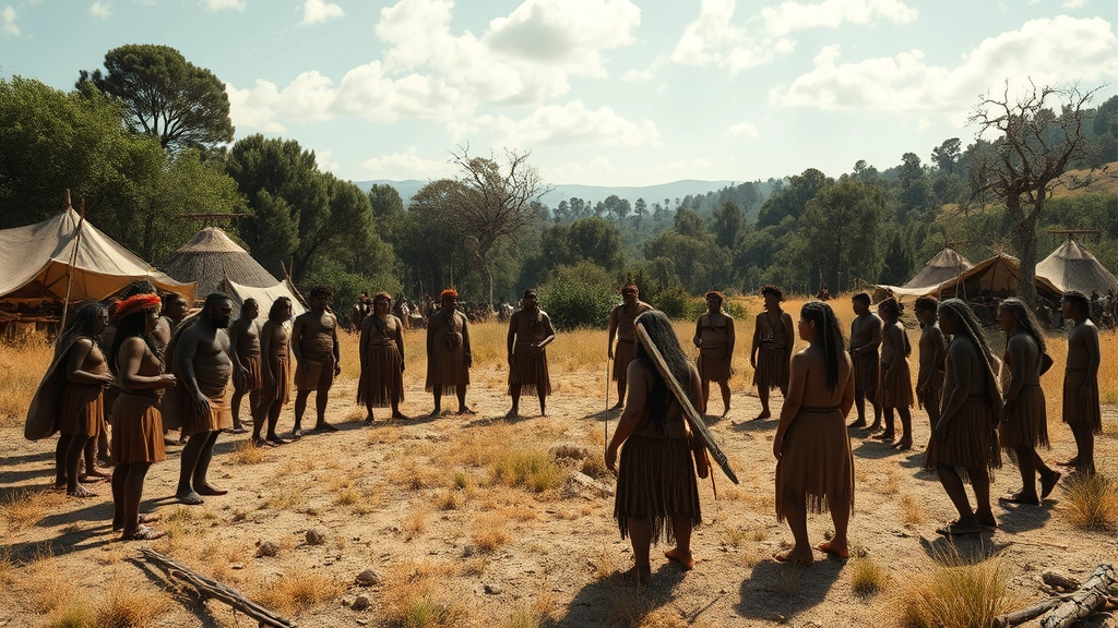 Photorealistic scene of a prehistoric community gathering in an open clearing with multiple figures standing in a circle, demonstrating social enforcement and public judgment of a rule violation, with natural landscape and daylight, showing communal participation in justice