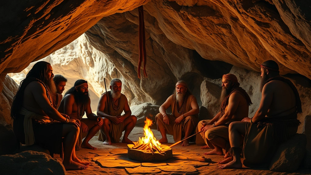 Ancient tribal gathering with elder leaders discussing disputes under stone shelter, firelight illuminating serious faces, natural cave formation background, realistic archaeological interpretation of prehistoric justice assembly