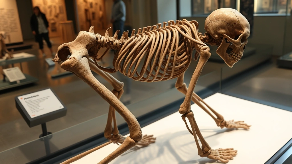 Neanderthal skeleton with healed bone fractures displayed in museum setting, professional anthropological examination, showing evidence of community care and violence enforcement in prehistoric times