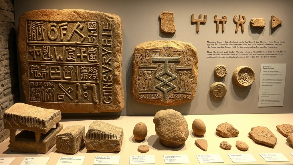 Carved stone tablets and primitive symbols representing early legal concepts, archaeological artifacts showing property marks and territorial boundaries, museum display of prehistoric legal evidence