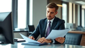 Professional male attorney in business suit reviewing legal documents at modern office desk with computer, serious concentrated expression, natural lighting from window, modern law office environment