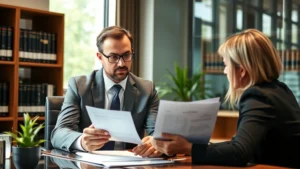 Professional attorney in modern office reviewing legal documents with client, natural lighting, serious focused expression, contemporary law office setting with bookshelves