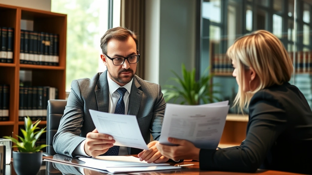 Professional attorney in modern office reviewing legal documents with client, natural lighting, serious focused expression, contemporary law office setting with bookshelves