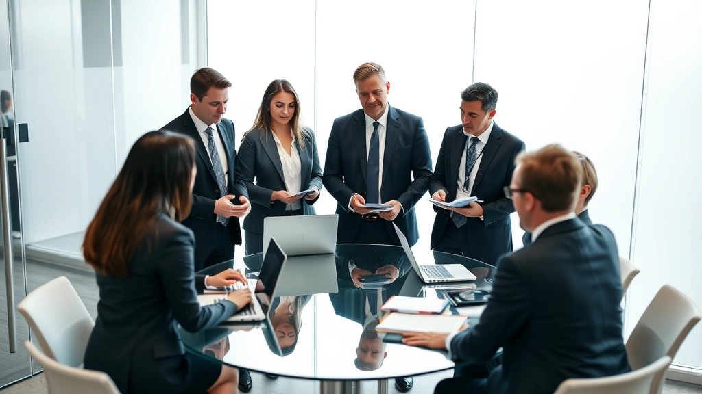 Diverse team of lawyers in business casual attire collaborating in contemporary conference room around glass table with laptops and notepads, collaborative discussion, professional atmosphere
