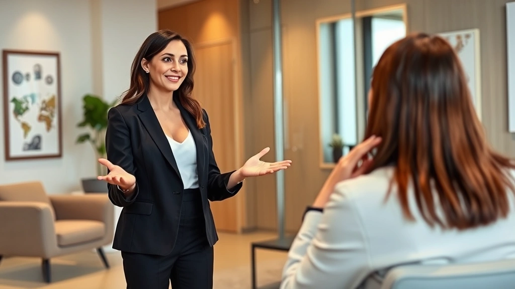 Female attorney in blazer presenting to clients in upscale office meeting room, confident posture, modern minimalist interior design, professional client consultation setting