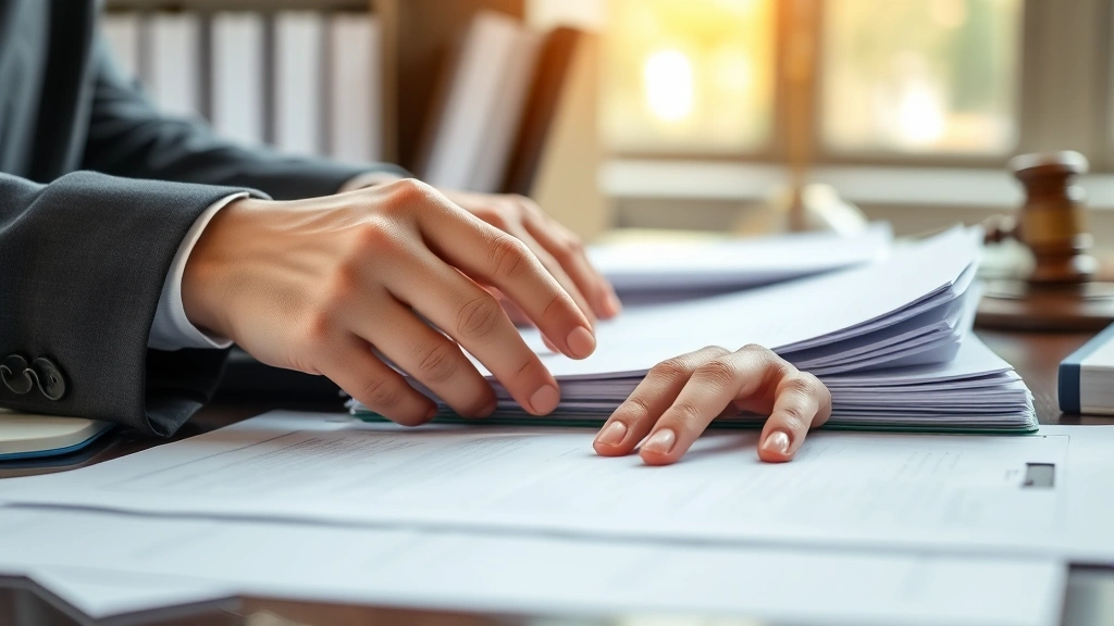 Close-up of lawyer's hands organizing case files and documents on desk, professional workspace, organized legal materials, natural afternoon lighting