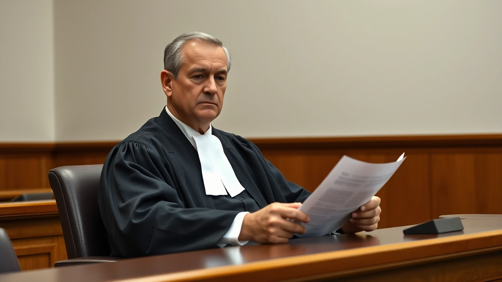 Professional judge in formal robes sitting at wooden bench in courtroom, reviewing legal documents with serious expression, neutral background, natural lighting, photorealistic