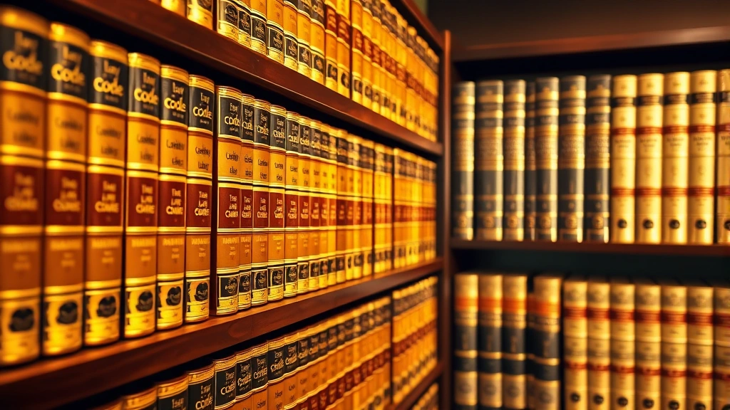 Law library shelves filled with legal codes and statute books, organized neatly with golden spines, warm professional lighting, close-up detail of law books, photorealistic