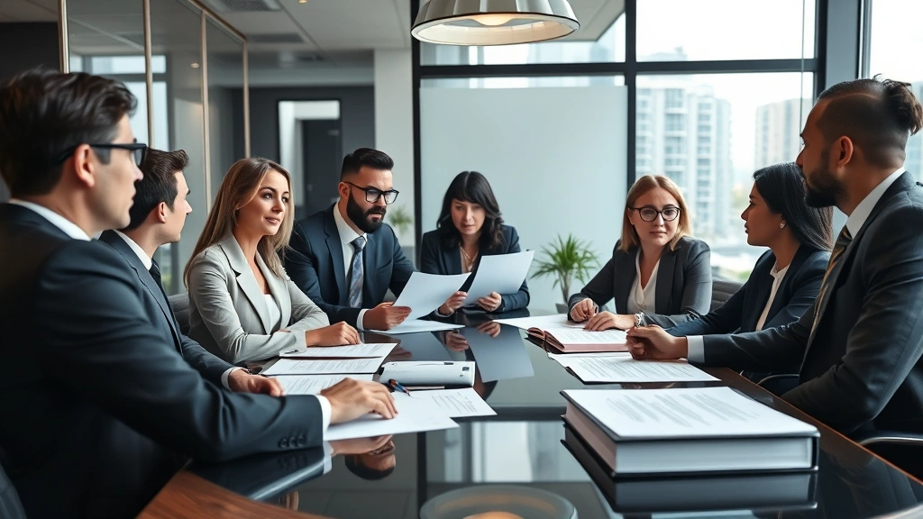 Diverse group of lawyers in business attire collaborating at conference table with legal documents, discussing case strategy, modern office setting, professional atmosphere, photorealistic