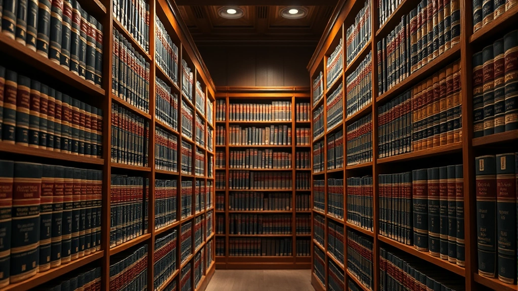 Professional legal library with leather-bound law books and wooden shelves, soft natural lighting, organized by legal codes and case reports, no text visible on spines