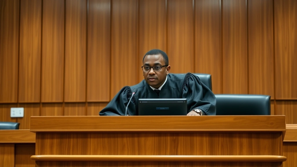 Diverse judge in formal robes sitting at elevated bench in modern courtroom, professional demeanor, wooden paneling background, no visible case names or courtroom signage