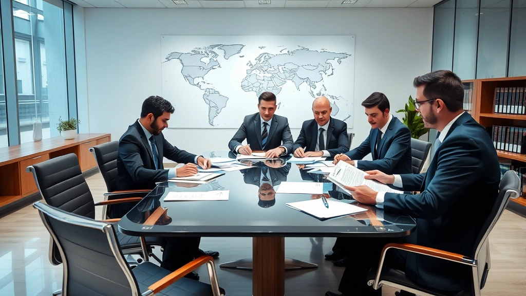 International law office with lawyers from different countries reviewing documents at conference table, modern glass and wood furniture, global legal maps on walls, professional attire, no visible document text