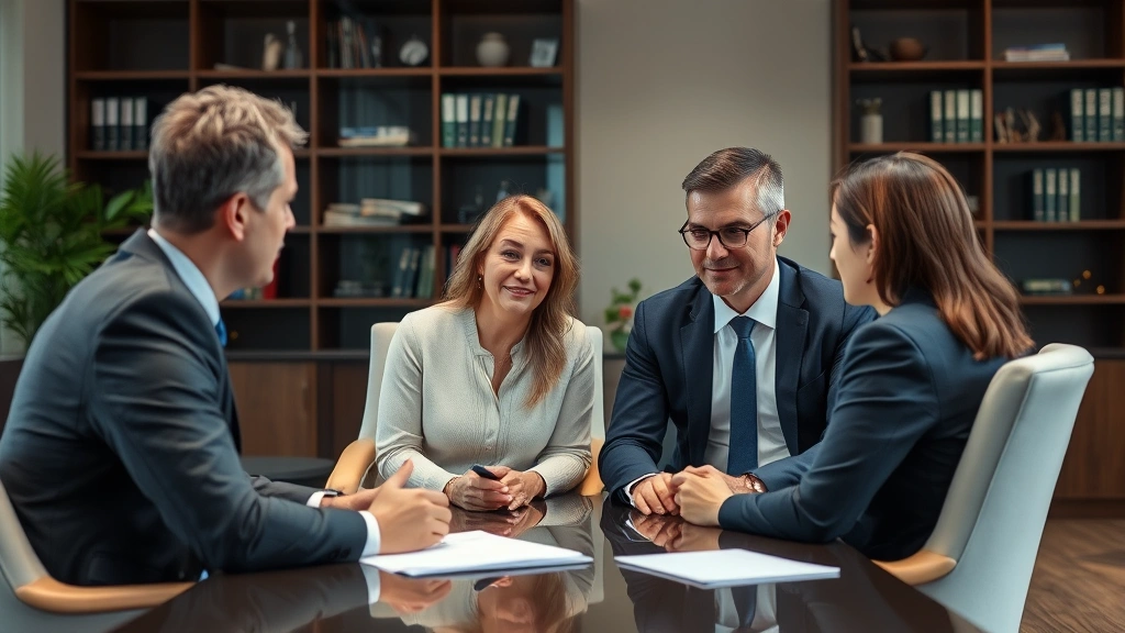 Professional mediator or attorney meeting with a couple in a contemporary law office, discussing property division or settlement terms, neutral tones and professional atmosphere