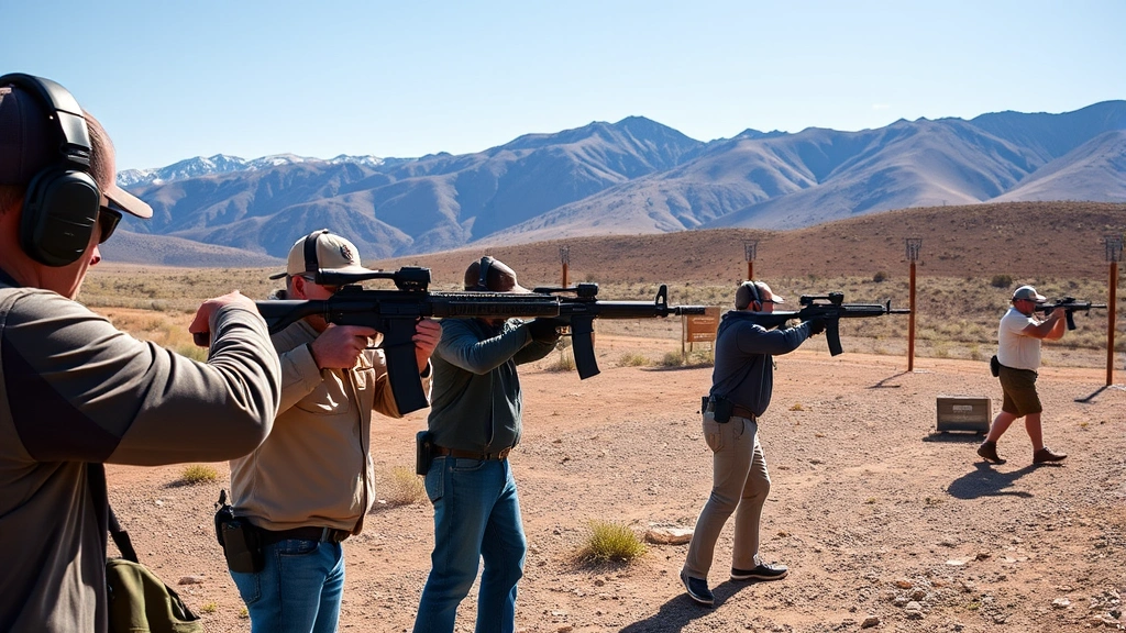 Professional Colorado gun range with shooters at outdoor firing line, mountain landscape background, daylight, realistic photography, no visible signage or text