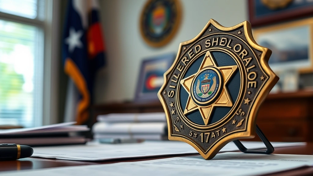 Close-up of sheriff's badge and official Colorado state seal on desk, professional office setting, natural lighting, official documents blurred in background, no readable text
