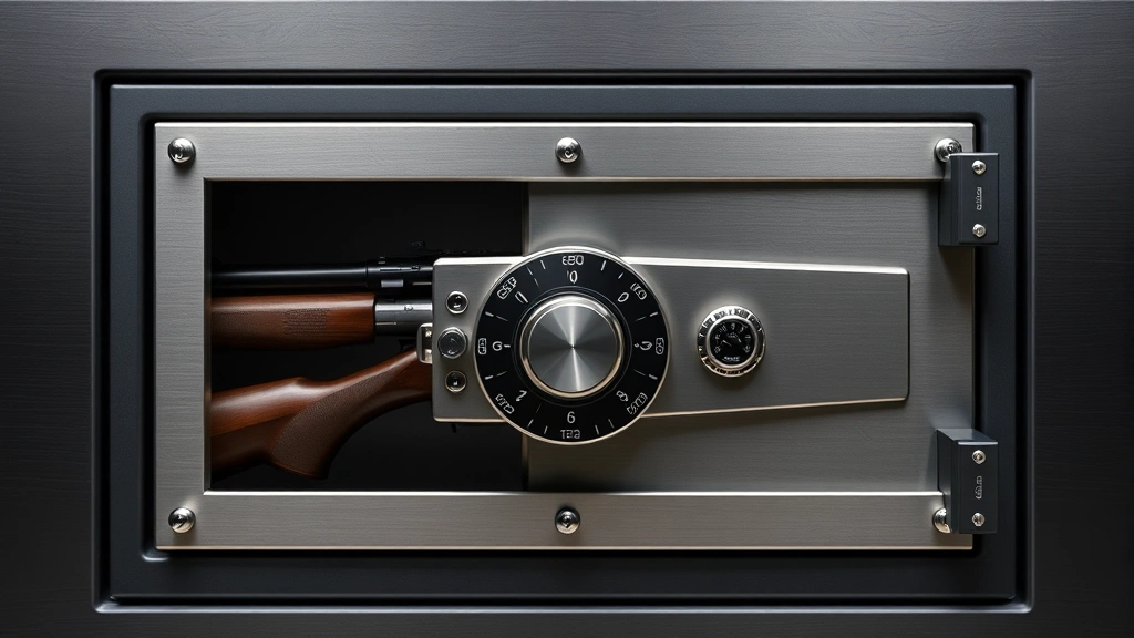 Modern gun safe vault with combination lock mechanism, metallic finish, professional security equipment display, studio lighting, no visible documents or markings