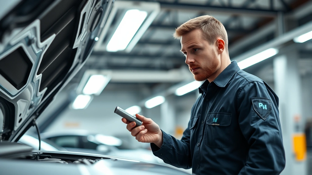 Professional automotive mechanic in uniform examining engine of silver sedan in modern repair shop, holding diagnostic tool, fluorescent overhead lighting, focused expression