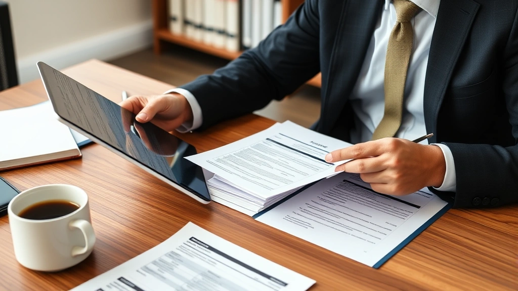 Lawyer in business suit reviewing vehicle warranty documents and service records at wooden desk with tablet and coffee cup, professional office setting with legal books visible