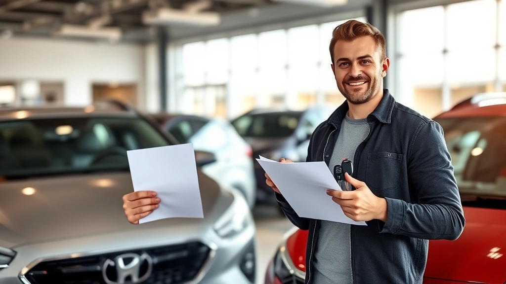 Consumer holding car keys and purchase agreement standing beside new vehicle in dealership showroom, confident posture, natural daylight from large windows, modern dealership interior