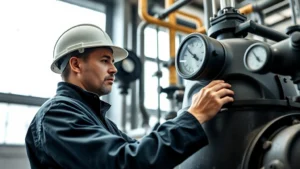 Professional engineer in hard hat examining industrial pressure vessel equipment in modern facility, checking gauges and monitoring systems, focused expression, natural daylight through industrial windows