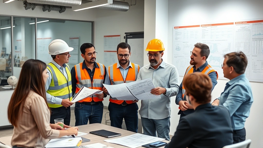 Diverse team of safety inspectors reviewing technical documentation and blueprints in conference room, pointing at equipment specifications, professional attire, modern office setting with compliance charts on walls