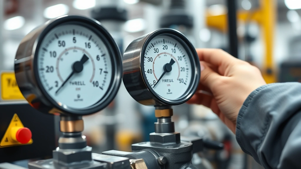 Close-up of pressure gauge readings on industrial equipment with technician hand adjusting valve, showing numerical measurements and safety indicators, professional industrial environment with blurred facility background