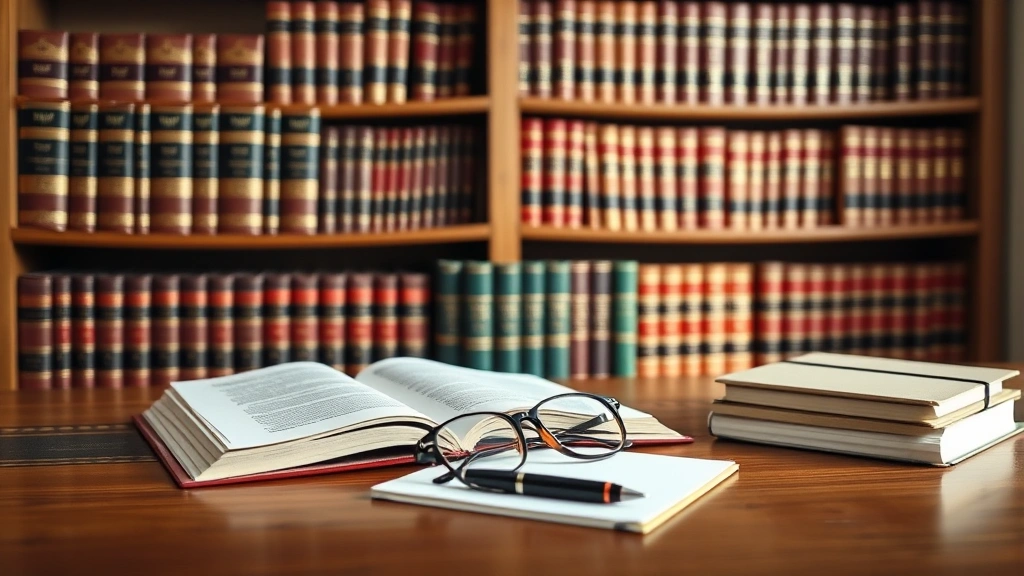 Professional legal workspace with leather-bound law books on shelves, wooden desk with reading glasses, notepad, and pen in soft natural lighting