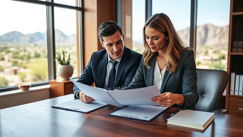 Professional couple reviewing legal documents together at a wooden desk in a modern law office, both wearing business attire, with Arizona landscape visible through windows behind them