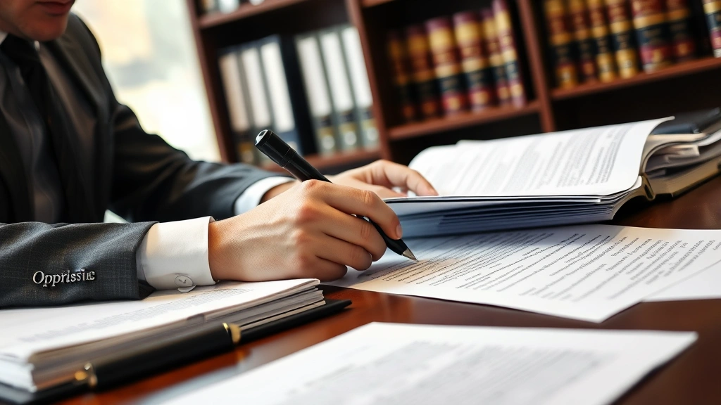 Close-up of a family law attorney reviewing case files and documents at an organized desk with legal books and folders, professional office environment with warm lighting