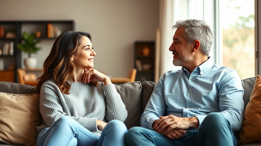 Diverse couple having a serious conversation in their home living room, seated on a modern couch, natural daylight, representing long-term committed relationships and family planning