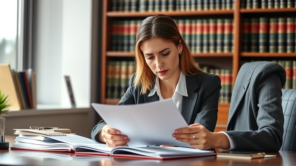 Professional female attorney in business suit reviewing legal documents at desk with law books in background, natural office lighting, serious focused expression