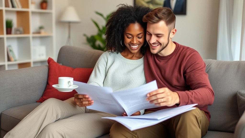 Diverse unmarried couple reviewing paperwork and contracts together at home with coffee, sitting on couch, collaborative planning atmosphere