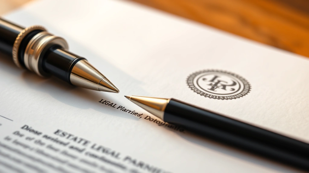 Close-up of notarized legal documents with seal and signature, pen resting on papers, professional estate planning materials, warm natural lighting