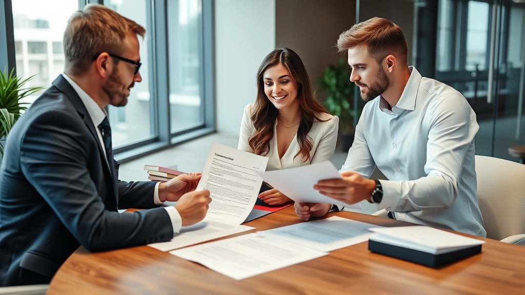 Professional couple reviewing legal documents with an attorney in a modern office setting, discussing marriage requirements and legal paperwork on a desk