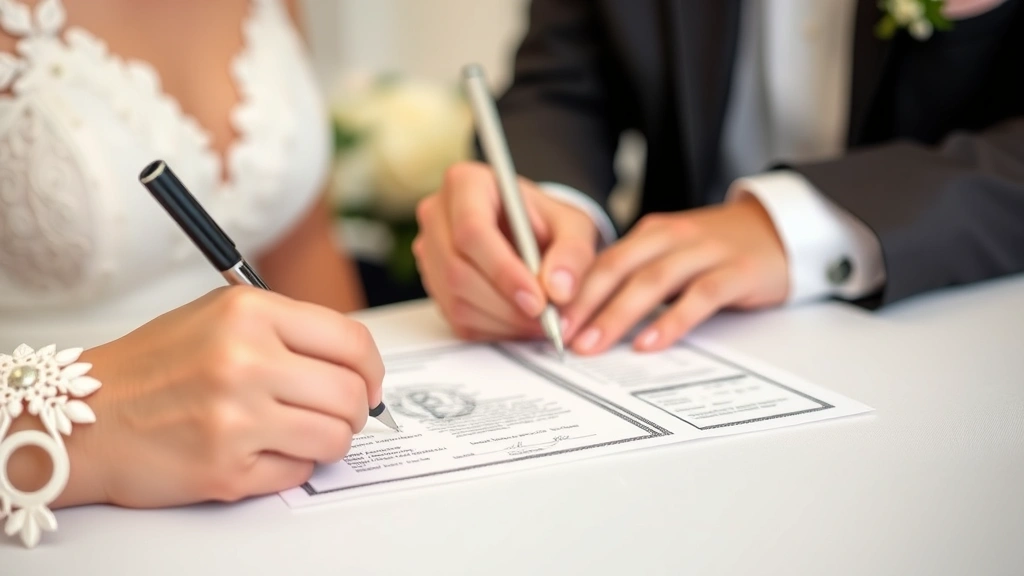 Close-up of a marriage license being signed by a couple with an authorized officiant present, showing formal marriage solemnization in North Carolina