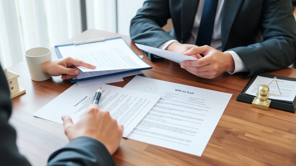 Estate planning scene showing a person meeting with a lawyer to review will and trust documents, with property deeds and financial papers visible on the desk