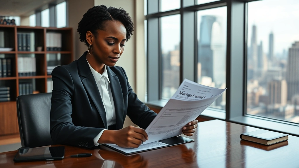 Professional African American female lawyer in business suit reviewing marriage license documents at wooden desk in modern NYC law office with city skyline visible through windows