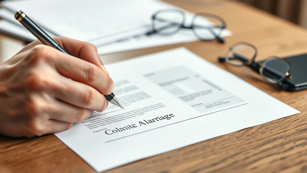 Close-up of hands signing legal marriage certificate or cohabitation agreement with fountain pen at desk with eyeglasses and legal documents visible