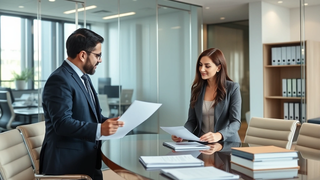 Male and female couple meeting with professional female attorney in contemporary law office conference room, reviewing documents with engaged expressions and legal materials on table