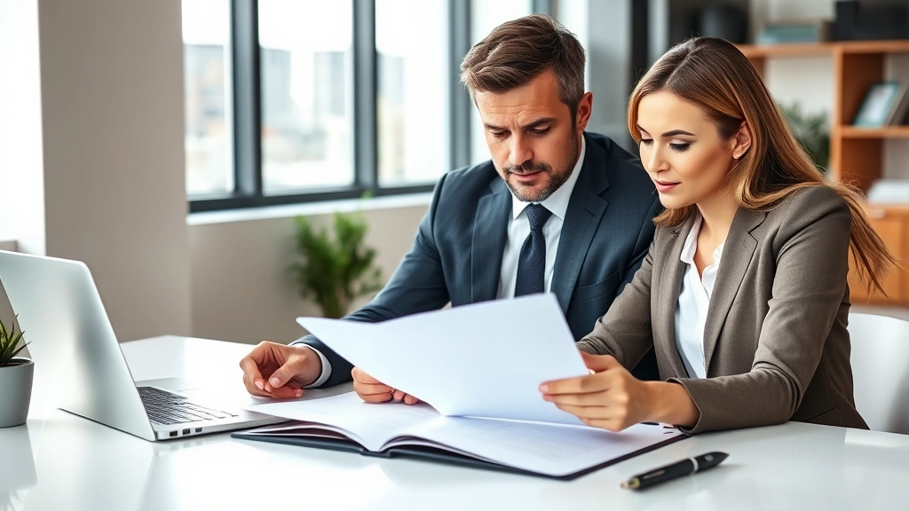 Professional couple reviewing legal documents at a modern office desk with a laptop, natural lighting from window, serious focused expressions, formal business attire, papers and pen visible