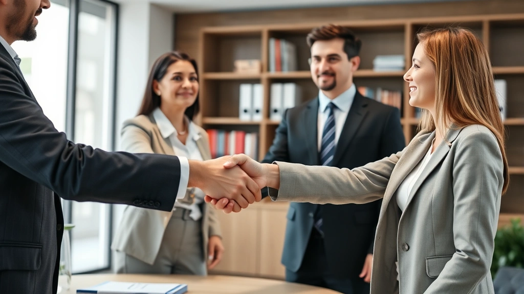Two people shaking hands with a lawyer or notary in professional setting, office background, formal attire, neutral expression of agreement, clean modern office environment with bookshelves