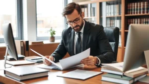 Professional male attorney in dark suit reviewing legal documents at wooden desk in law office, with law books and computer visible, serious focused expression, natural window lighting