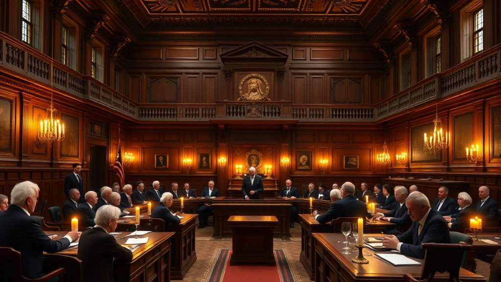 Professional 19th-century British Parliament chamber interior with Georgian architecture, formal wooden furnishings, natural candlelight, dignified lawmakers in period clothing engaged in serious debate about trade policy and grain tariffs
