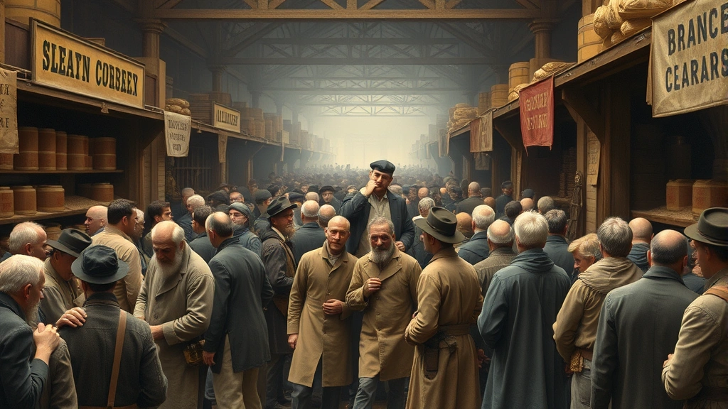 Crowded Manchester industrial marketplace scene from 1840s with working-class people examining grain prices at merchant stalls, worn clothing, concerned expressions, bustling activity representing food scarcity and economic struggle