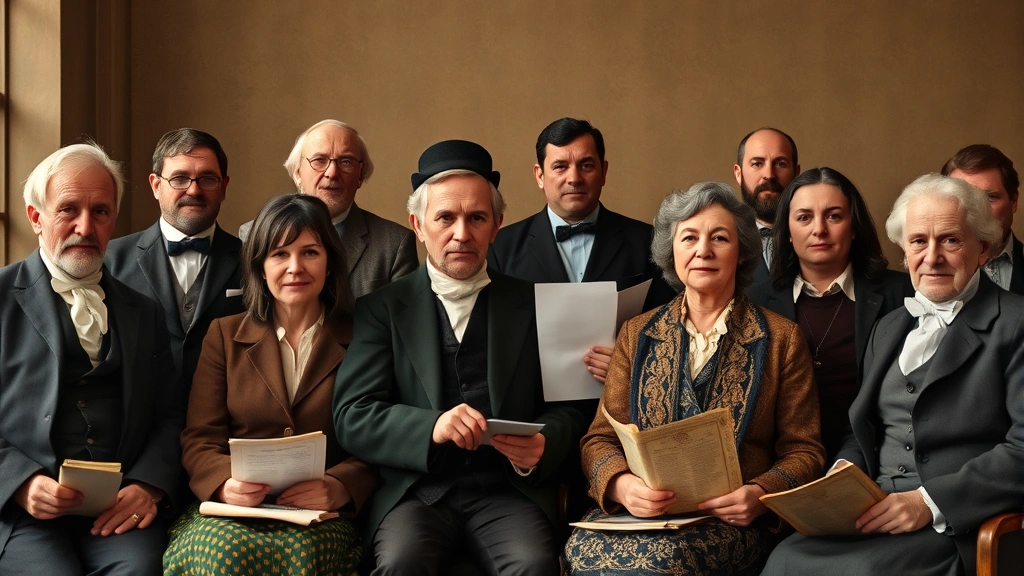 Formal portrait-style image of diverse Anti-Corn Law League meeting attendees from 1840s Britain, middle-class and working-class citizens together, earnest expressions, documents and pamphlets visible, representing democratic political activism and public engagement