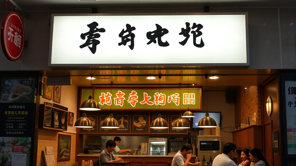 Restaurant interior with distinctive signage and branding elements, warm lighting, establishment identity visible, customers dining, professional photography style