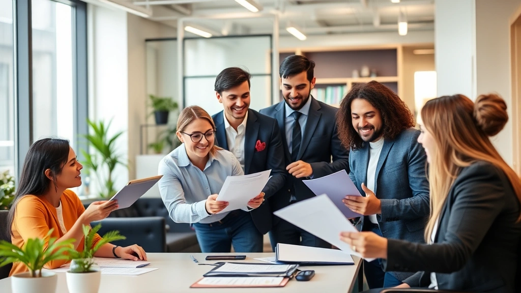 Diverse business owners in consultation with trademark legal professional, reviewing documents and discussing brand protection strategy, collaborative atmosphere, modern office setting