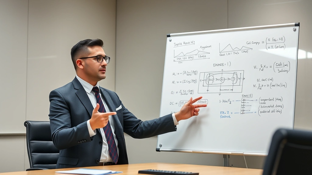 Electrical engineer or physics expert witness in professional attire presenting technical evidence using whiteboard with equations and diagrams in neutral conference room setting, authoritative demeanor