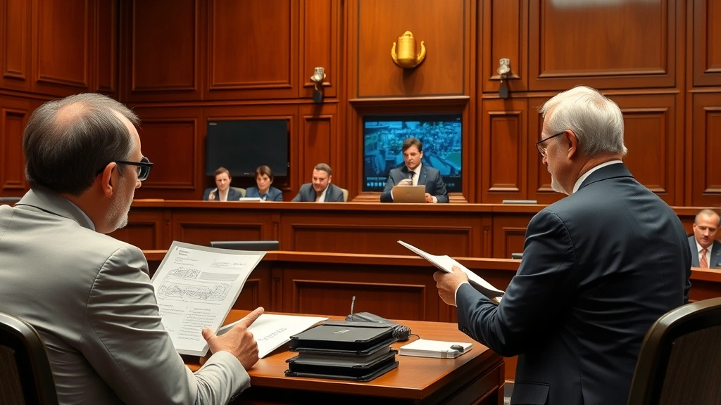 Courtroom scene with legal professionals and expert presenting technical evidence about electrical systems, judge visible, professional formal setting, serious deliberative atmosphere